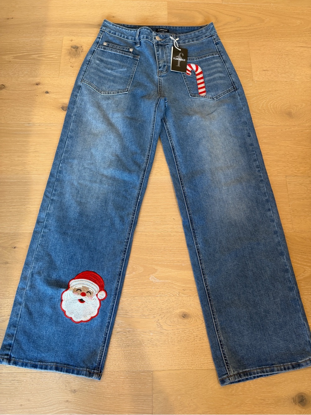 Flamingals Denim Wideleg Jeans w/ Festive Embroidered Santa and Candy Cane M NWT